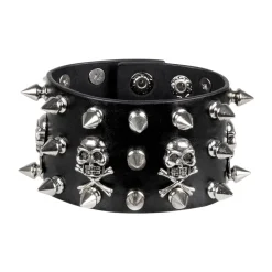 Armband Biker mit Nieten, schwarz, Totenköpfen