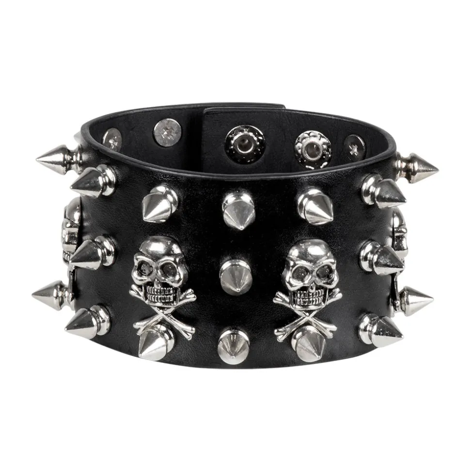 Armband Biker mit Nieten, schwarz, Totenköpfen