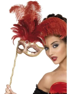 Barock-Fantasie-Augenmaske, Rot mit Federn