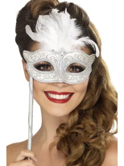 Barock-Fantasie-Augenmaske, Silber mit Federn