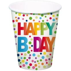Becher, recycelbar aus Pappe, Bunter Geburtstag, 250 ml, 8 Stück