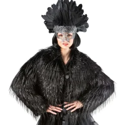 Damen-Kostüm Felljacke schwarz / Rabe, langer Flor mit silbernem Lurex, Gr. S-M