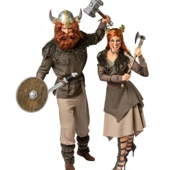 Damen-Kostüm Wikingerin, 2-lagiges Kleid mit Fell-Überwurf, Gürtel und Armstulpen Gr. 34-36
