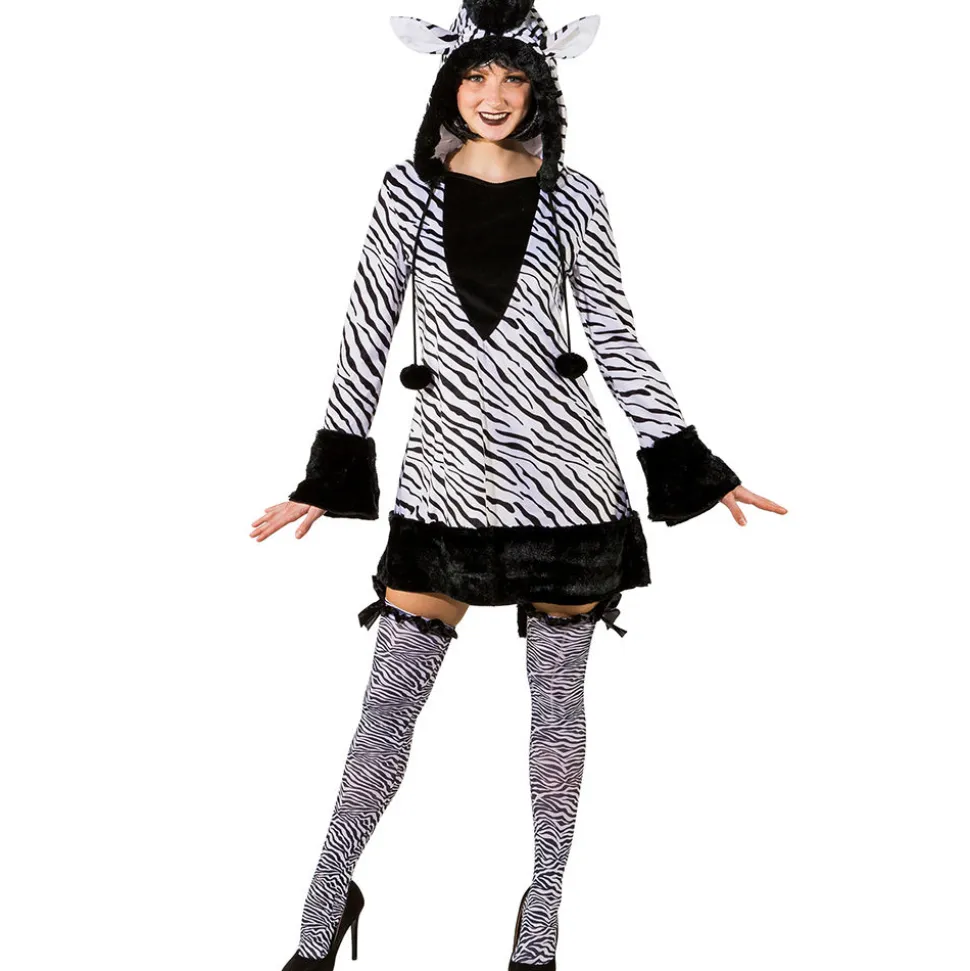 Damen-Kostüm Zebra Kleid mit Kapuze, Gr. 34-36
