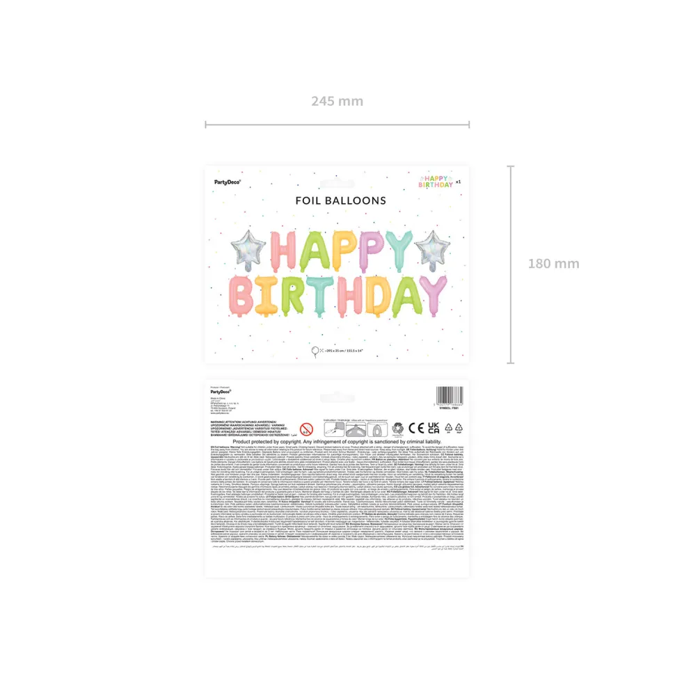 Folienballon Schriftzug Happy Birthday / Geburtstag – 395 × 35 cm – Pastellfarben