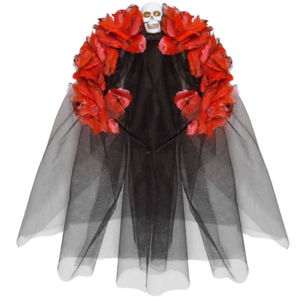 Haarreif Rote Rose, mit Totenkopf und Schleier