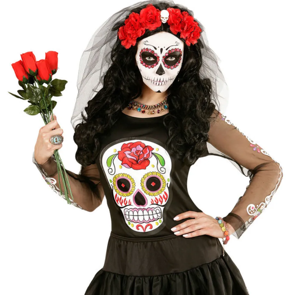 Haarreif Rote Rose, mit Totenkopf und Schleier