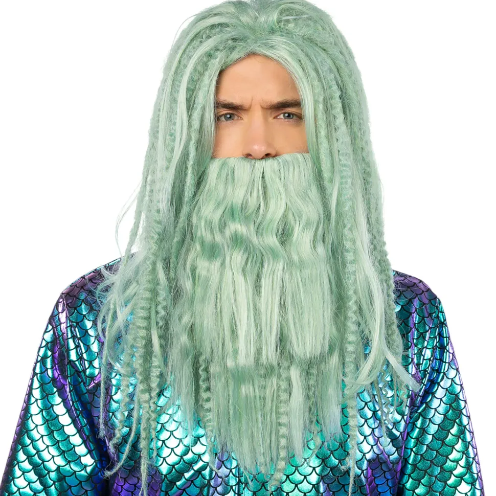 Herren-Perücke Neptun, mit Bart, wassergrün