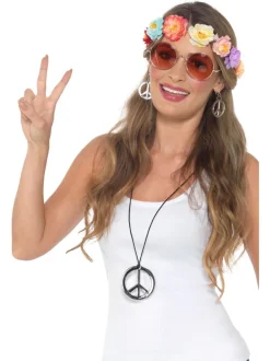 Hippie Festival Set, Mehrfarbig, Blütenstirnband, Brille, Medaillon & Ohrringe