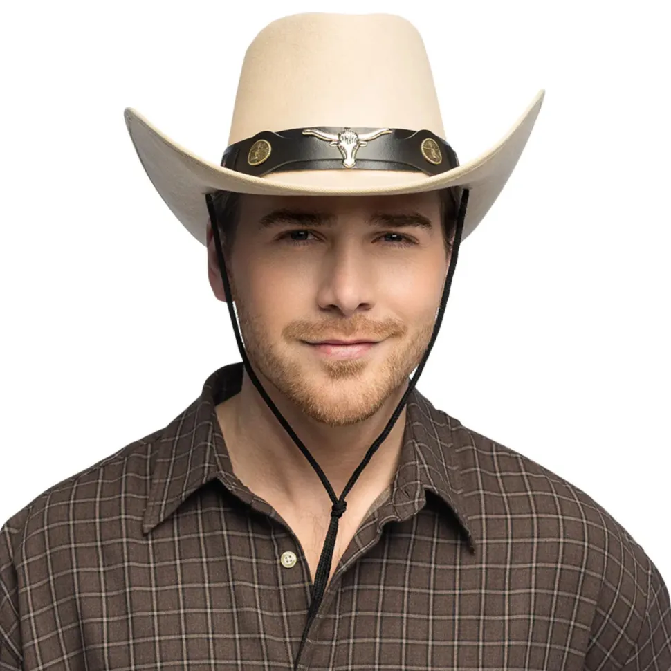 Hut Cowboy Wyatt, mit Stierkopf, Einheitsgröße, Beige