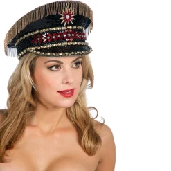 Hut Kapitänsmütze Burning Man, schwarz-gold, mit Fransen