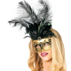 Maske Venedig mit langen Federn, gold