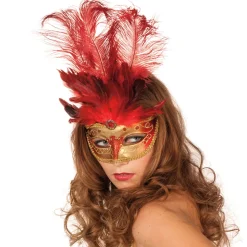 Maske Venedig mit langen Federn, rot