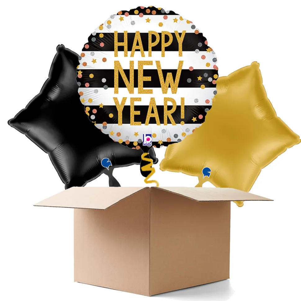 NEU Ballongrüße Happy New Year Konfetti, schwarz-weiß, 35cm, 3 Ballons