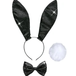 NEU Bunny- / Hasen-Set Schwarz mit Glitzer - Ohren-Haarreif, Fliege & Schwanz