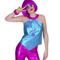 NEU Damen-Kostüm Disco-Fever-Top, blau mit pinkem Kragen, Einheitsgröße
