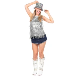 NEU Damen-Kostüm Party-Top metallisch mit Fransen und Pailletten, silber, Gr. S/M