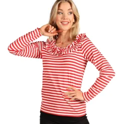 NEU Damen-Kostüm Ringelshirt langarm mit Rüschenkragen, rot-weiß, Gr. XS