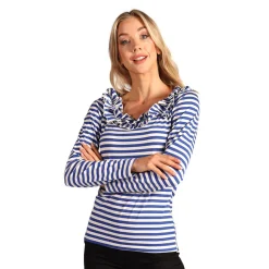 NEU Damen-Kostüm Ringelshirt langarm mit Rüschenkragen, blau-weiß, Gr. XS
