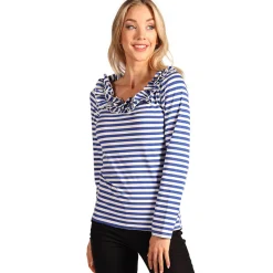 NEU Damen-Kostüm Ringelshirt langarm mit Rüschenkragen, blau-weiß, Gr. XS