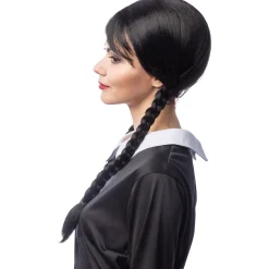 NEU Damen-Perücke Mädchen mit Zöpfen und Pony, schwarz, größenverstellbar