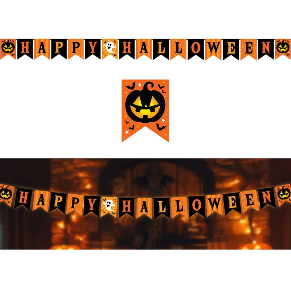 NEU Girlande Happy Halloween mit schwarzen und orangenen Wimpeln, 3m