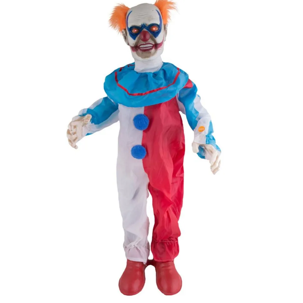 NEU Groß-Deko Grusel-Clown mit Bewegung, Licht und Sound, blau-weiß-rot, 95 cm