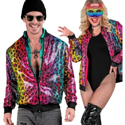 NEU Herren-Kostüm Disco-Bomberjacke mit Pailletten, Regenbogen-Leopard, Größe S-M