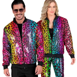 NEU Herren-Kostüm Disco-Bomberjacke mit Pailletten, Regenbogen-Leopard, Größe S-M