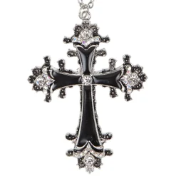 NEU Kette mit schwerem, schwarzen Strasskreuz, Silber-Schwarz für Halloween, Hexen & Co.