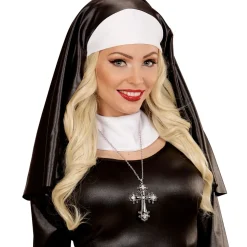 NEU Kette mit schwerem, schwarzen Strasskreuz, Silber-Schwarz für Halloween, Hexen & Co.