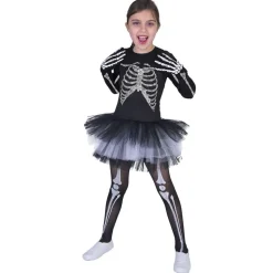 NEU Kinder-Kostüm Skelett-Kleid Suzy, mit Knochenaufdruck und Tüllrock, Gr. 128