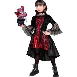 NEU Kinder-Kostüm Vampirin, Kleid mit Halskette, schwarz-rot, Gr. 116, für Kinder von 4-5 Jahren