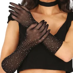NEU Netzhandschuhe mit Strasssteinen, 30cm, schwarz
