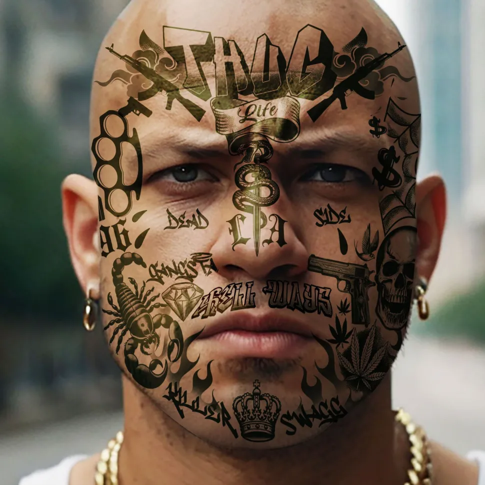 NEU Temporäres Gesichts-Tattoo Thug Life, 30x13cm
