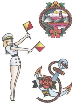 NEU Temporäres Tattoo-Motiv Reality, 10,5 x 14,8cm, Maritim Matrosin Pin Up Set, Girl, Anker und Leuchtturm