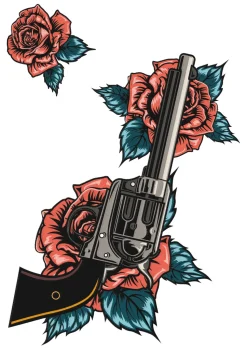 NEU Temporäres Tattoo-Motiv Reality, 10,5 x 14,8cm, Vintage Pistole Rosen
