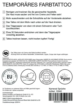 NEU Temporäres Tattoo-Motiv, 10,5 x 14,8cm, Karneval Sprüche