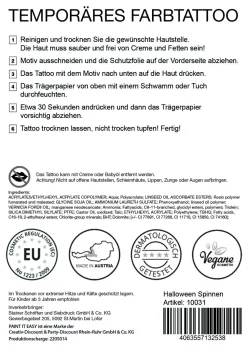 NEU Temporäres Tattoo-Motiv, 10,5 x 14,8cm, Halloween Spinnen