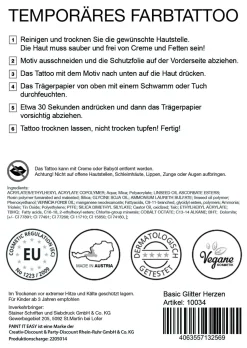 NEU Temporäres Tattoo-Motiv, 10,5 x 14,8cm, Basic Glitter Herzen