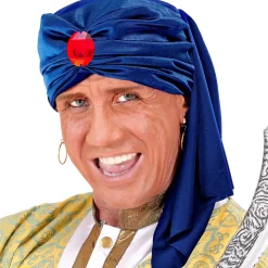 NEU Turban Blau mit rotem Edelstein, Einheitsgröße