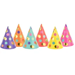 Partyhüte Punkte – Farbig sortiert – 16 cm – 6 Stück