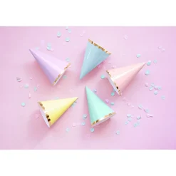 Partyhüte Yummy mit Goldrand– Farbig sortiert – 16 cm – 6 Stück