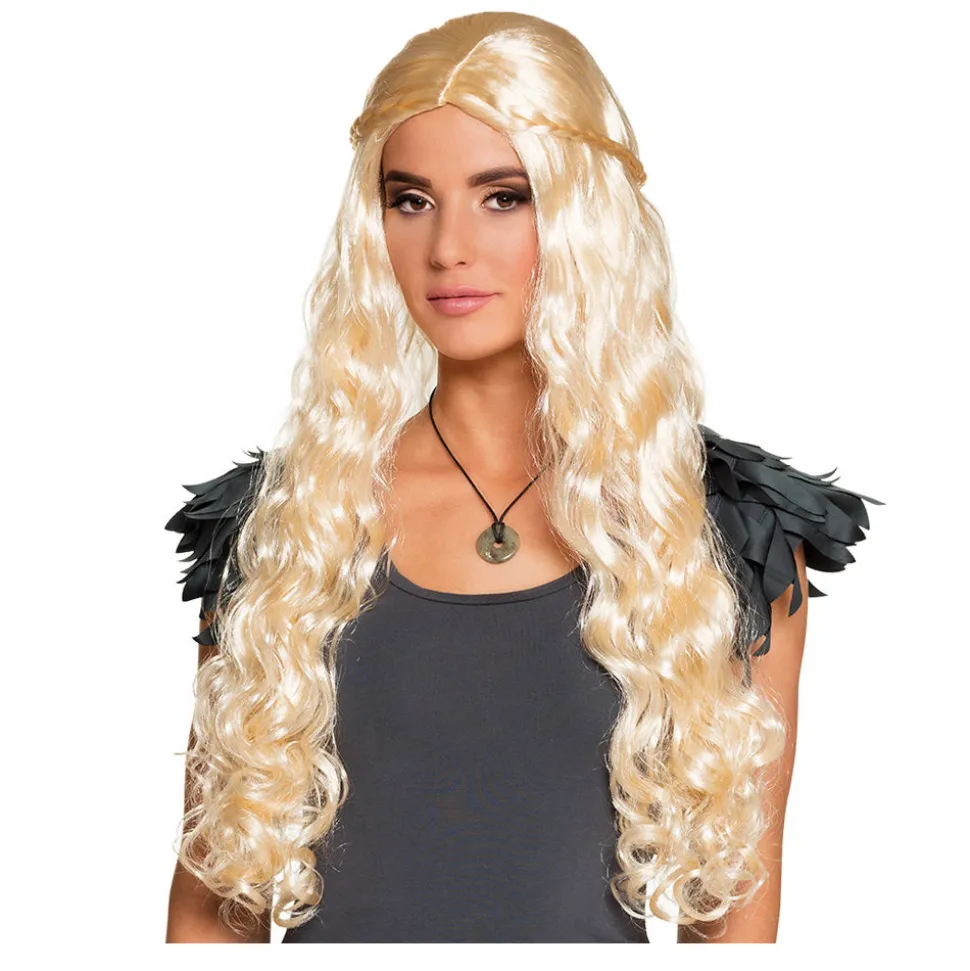 Perücke Damen Drachenmutter mit Locken und geflochtenem Haarkranz, blond