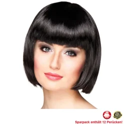 Perücke Damen Foxy Bob, Pagenkopf mit Pony, Cabaret, schwarz - SPARPACK mit 12 Stück