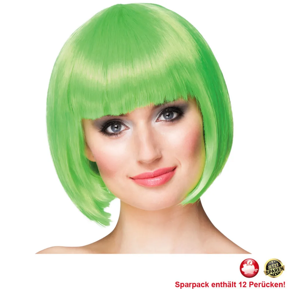 Perücke Damen Foxy Bob, Pagenkopf mit Pony, Cabaret, kiwigrün - SPARPACK mit 12 Stück