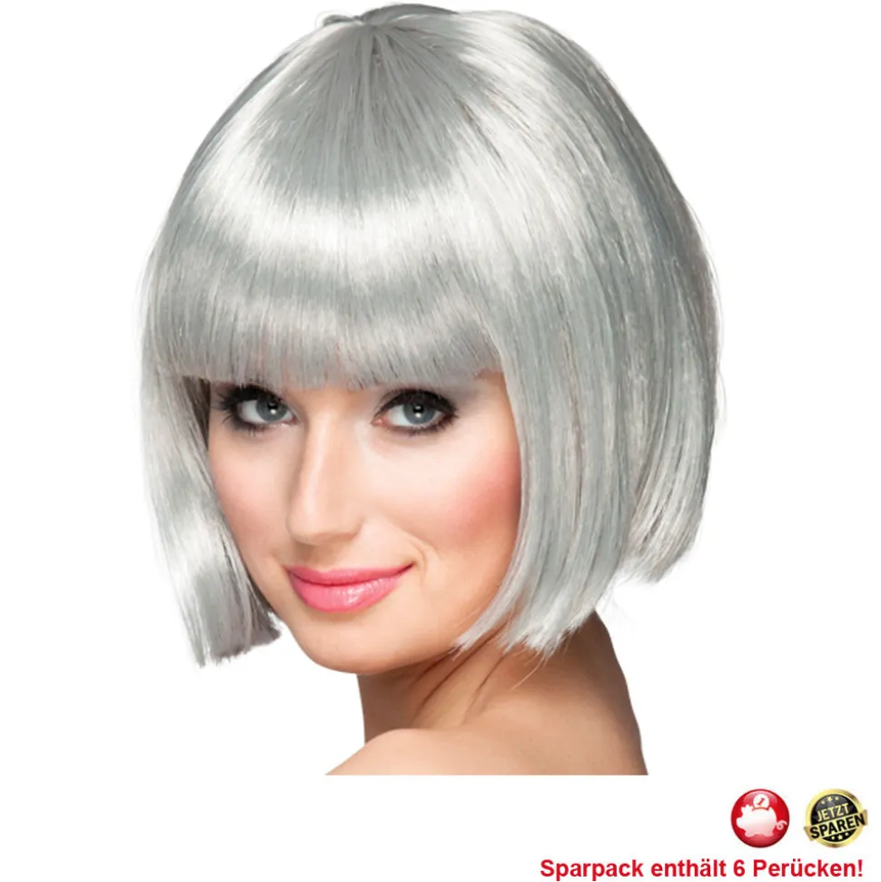 Perücke Damen Foxy Bob, Pagenkopf mit Pony, Cabaret, silbergrau - SPARPACK mit 6 Stück