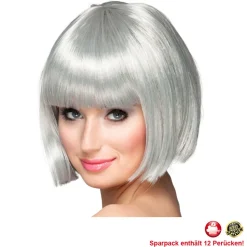 Perücke Damen Foxy Bob, Pagenkopf mit Pony, Cabaret, silbergrau - SPARPACK mit 12 Stück