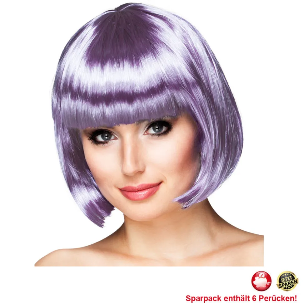 Perücke Damen Foxy Bob, Pagenkopf mit Pony, Cabaret, zartlila - SPARPACK mit 6 Stück