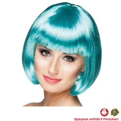Perücke Damen Foxy Bob, Pagenkopf mit Pony, Cabaret, türkis - SPARPACK mit 6 Stück
